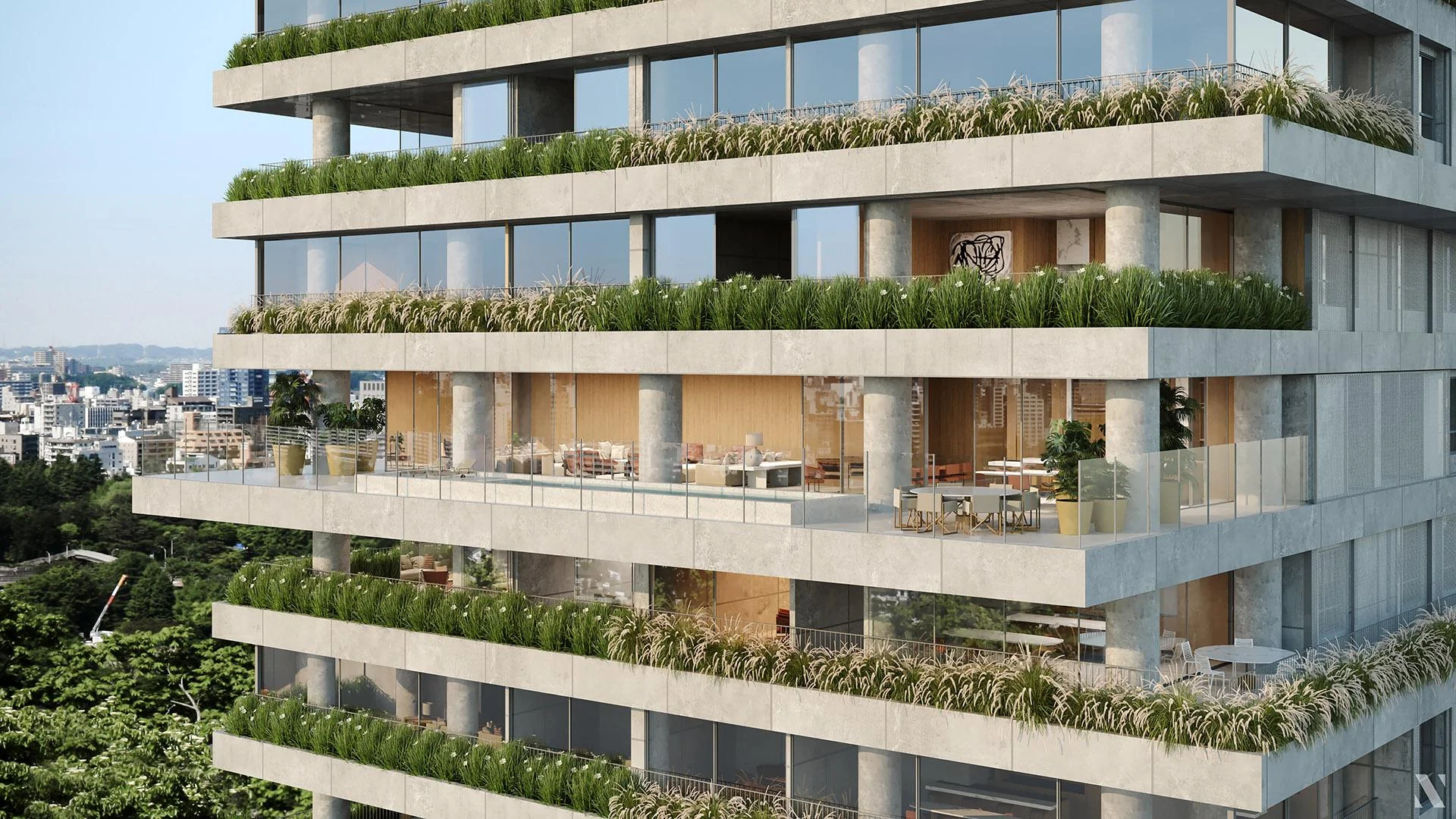 Fachada de edifício residencial com varandas amplas e jardineiras em todos os andares